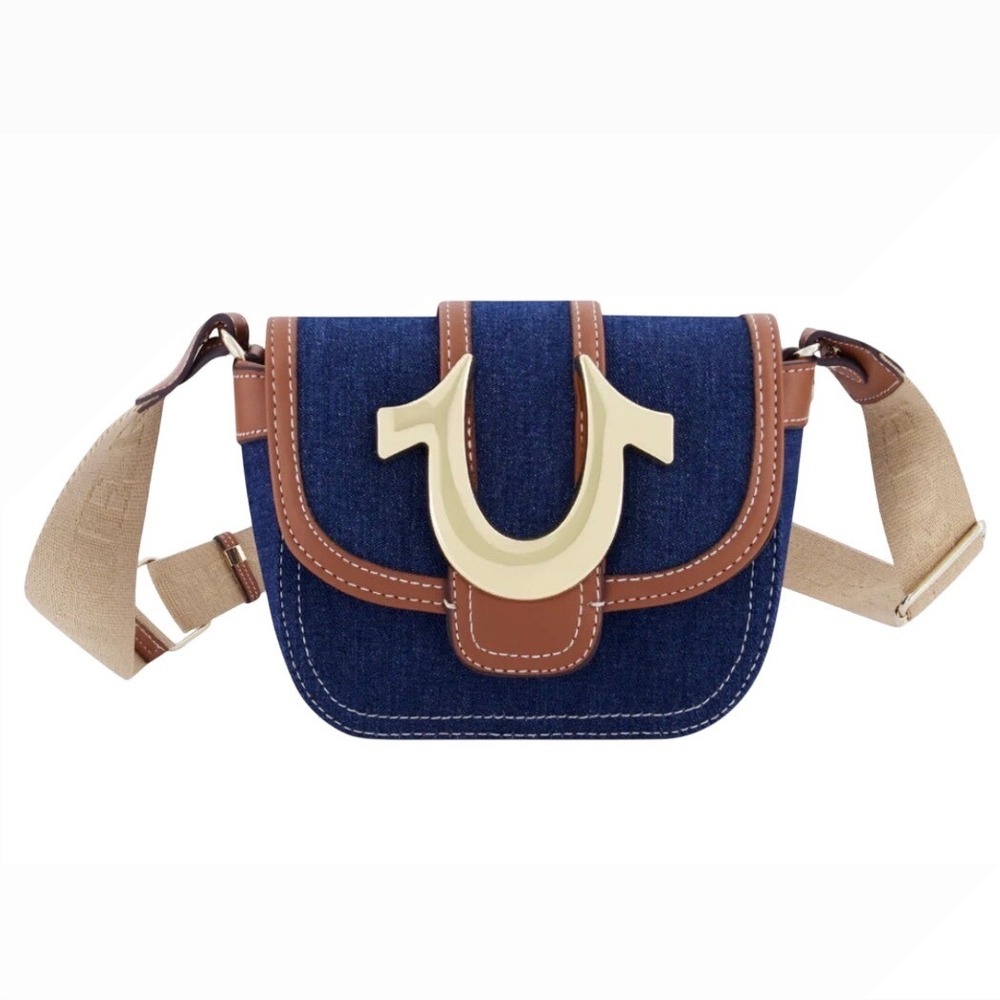 True Religion Frayed Blue Denim Mini Flap Gold Tone Hardware Crossbody Bag NWT